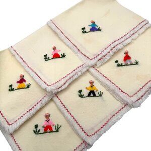 Set of 6 Vintage Embroidered Linen Napkins Red Zigzag Trim 10"x10" Cottagecore